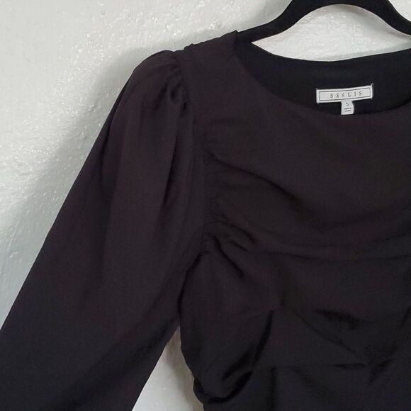 Senlis Black Rouched Shirt with Slightly Puff Sleeves - Picture 3 of 12